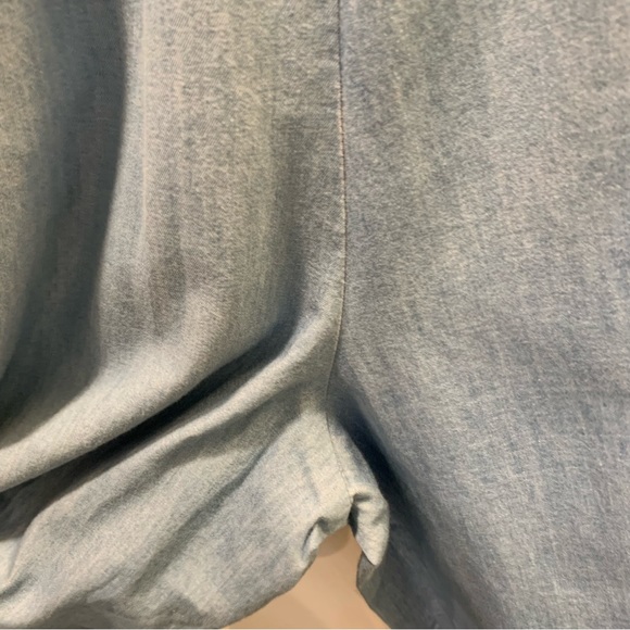 Small. Thin blue jean/ chambray jumpsuit. Embroidered top. - Picture 10 of 14